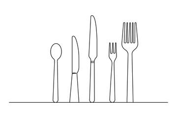 Knife and fork continuous one line drawing and isolated world food day outline vector icon