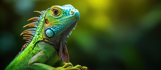 Obraz premium Close-Up Portrait of a Green Iguana On Blurred Forest Background. Copy Space For Add Text. 3D Illustration. Generate Ai Image