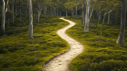 Obraz premium Serene Hiking Trail in Tasmania's Wilderness: A Journey Through Majestic Forests