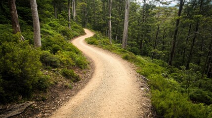 Naklejka premium Serene Hiking Trail in Tasmania's Wilderness: A Journey Through Majestic Forests