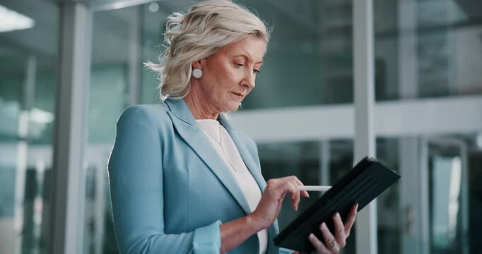 Tablet, mature woman and scroll with research for medical finance or funding. Office, digital technology and senior clinic administrator for healthcare, hospital director and internet for information