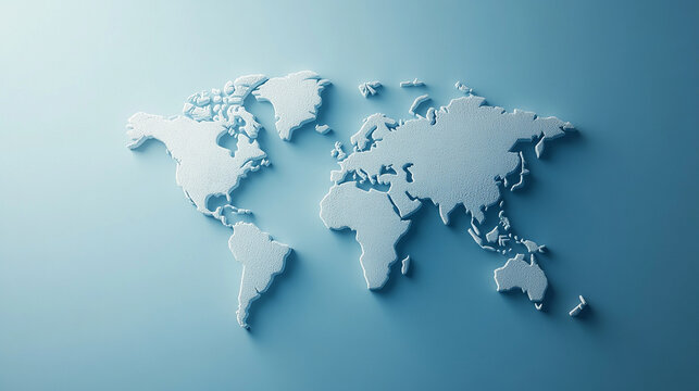 Fototapeta 3D world map rendered on a soft blue gradient background. The sleek design highlights global connectivity and simplicity, perfect for modern and clean visuals