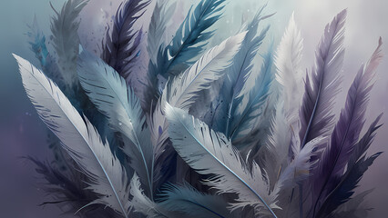 Feather shapes dissolve into fine, swirling mist, blending soft hues of blue, lavender, and silver, creating an airy, dynamic abstract background