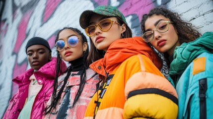Fototapeta premium Empowering Gen Z Style: Sustainable Streetwear Squad Embracing Urban Youth Culture Against Graffiti Backdrop