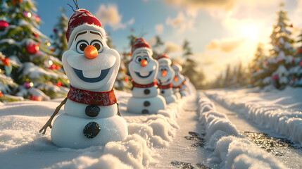 Obraz premium Snowman in the middle of the snow lined up, funny, children's, realistic, Christmas theme