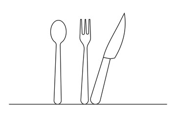 Knife and fork continuous one line drawing and isolated world food day outline vector icon