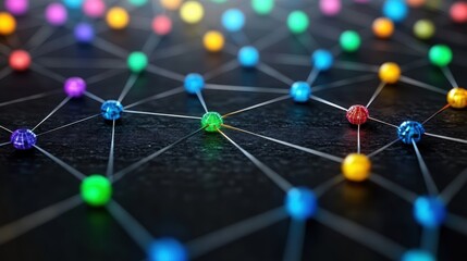 Colorful interconnected nodes representing a digital network, communication, and data flow
