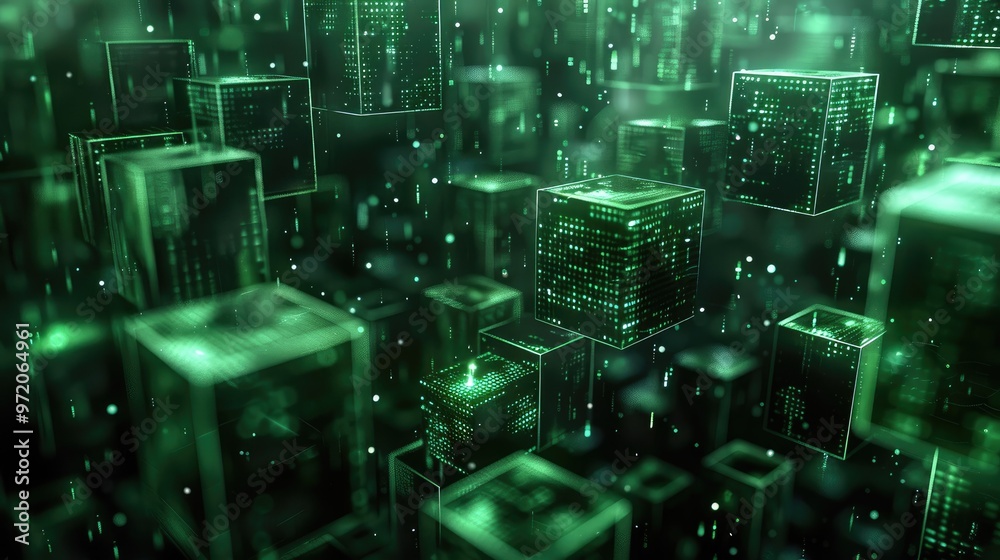 Fototapete 3d render of dark green glowing blocks with data flowing between them. the background is black, and 