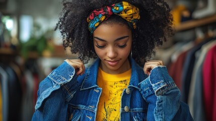 Fototapeta premium Urban Gen Z Teen Customizing Denim Jacket for Sustainable DIY Fashion Statement
