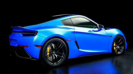 Obraz premium Blue sports car on a black studio background.