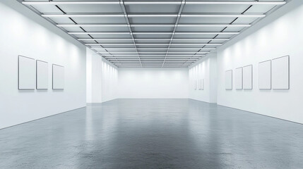 modern art gallery with sleek, bright interior, showcasing a large blank white wall as its centerpiece. The minimalist design highlights the potential for creative exhibitions or artwork presentations