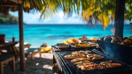 Lush island setting, a rustic grill over a beach fire, fresh fish and shellfish searing, with bright turquoise waters and gentle palm fronds waving