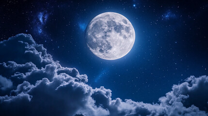 serene night sky with a bright full moon glowing above thick clouds, casting a peaceful light over the landscape. The calm atmosphere evokes feelings of tranquility, mystery, and celestial wonder