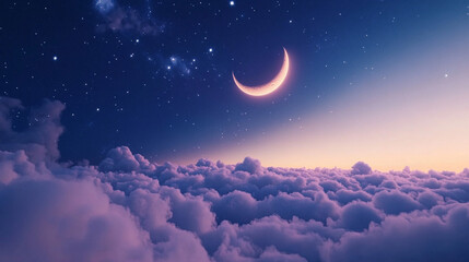 serene night sky with a bright full moon glowing above thick clouds, casting a peaceful light over the landscape. The calm atmosphere evokes feelings of tranquility, mystery, and celestial wonder
