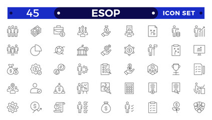 Employee stock ownership plan Outline icon collection. ESOP, benefits, company, shares, benefits, management, win-win, scheme, and ownership icon set. UI outline icon pack.