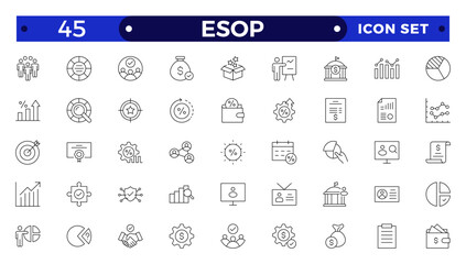 Employee stock ownership plan Outline icon collection. ESOP, benefits, company, shares, benefits, management, win-win, scheme, and ownership icon set. UI outline icon pack.
