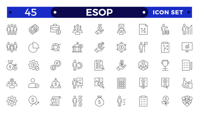 Employee stock ownership plan Outline icon collection. ESOP, benefits, company, shares, benefits, management, win-win, scheme, and ownership icon set. UI outline icon pack.