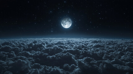 serene night sky with a bright full moon glowing above thick clouds, casting a peaceful light over the landscape. The calm atmosphere evokes feelings of tranquility, mystery, and celestial wonder