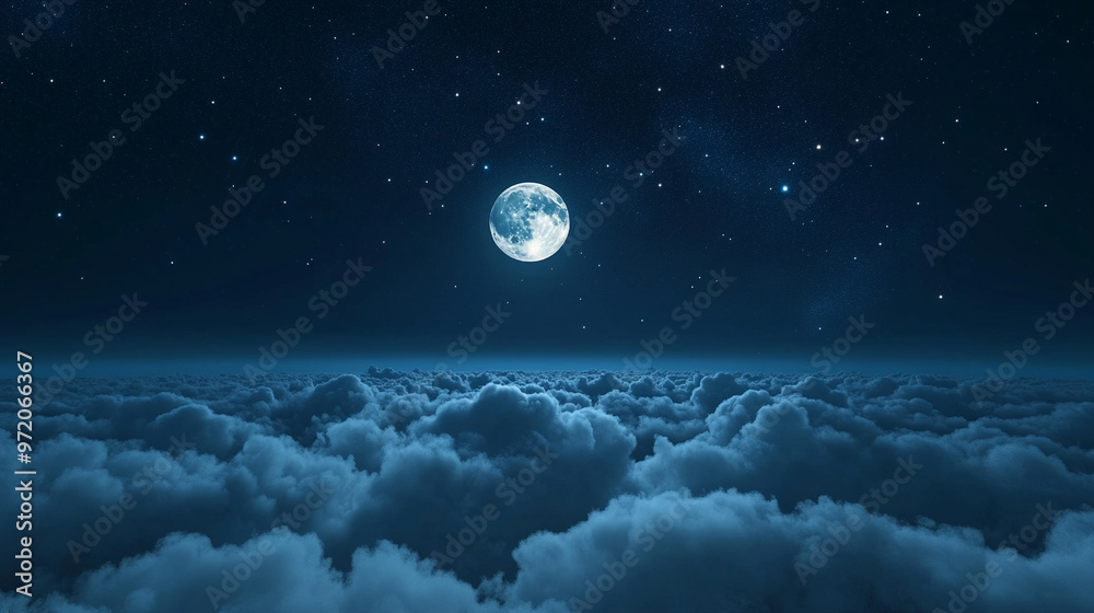 Wall mural serene night sky with a bright full moon glowing above thick clouds, casting a peaceful light over t