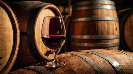 A glass of red wine is sitting on a wooden barrel