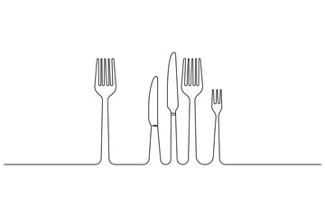 Knife and fork continuous one line drawing and isolated world food day outline vector icon