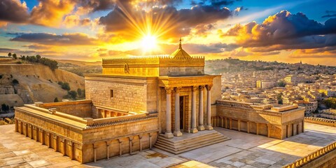 Intricate golden facades of the ancient Jewish Temple, the Beit Hamikdash, rise majestically amidst sun-kissed Jerusalem hills, radiating an aura of antiquity and spiritual significance.