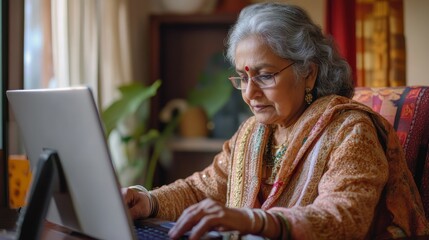 Active Indian Senior Woman Engaging in Online Wellness Seminar, Embracing Health Tips for Mental Agility