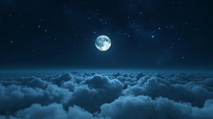 serene night sky with a bright full moon glowing above thick clouds, casting a peaceful light over the landscape. The calm atmosphere evokes feelings of tranquility, mystery, and celestial wonder