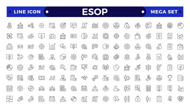 Employee stock ownership plan Outline icon collection. ESOP, benefits, company, shares, benefits, management, win-win, scheme, and ownership icon set. UI outline icon pack.