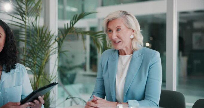 Business people, meeting and handshake with partnership for medical funding, b2b or deal at office. Woman, investor and shaking hands with employee for agreement, hiring or development at workplace