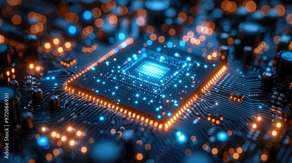 Poster an abstract blue tone representation of ai as a glowing microchip, surrounded by floating binary str