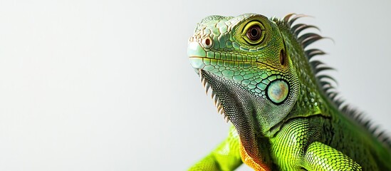Obraz premium Close-up Portrait of a Green Iguana On White Background. Copy Space For Add Text. 3D Illustration. Generate Ai Image