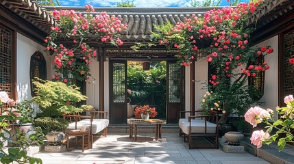 Chinese-style courtyard, covered with rose on the roof of the courtyard, two tables under the roses, an outdoor sofa, surrounding bonsai green plants and flower, natural marble on the courtyard floor.