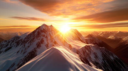 A glowing sunset over mountain range creates breathtaking view, illuminating snow covered peaks with warm hues. serene atmosphere evokes sense of peace and wonder