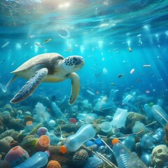 A sea turtle swimming in the ocean surrounded by plastic waste, plastic bag floating near the surface. .