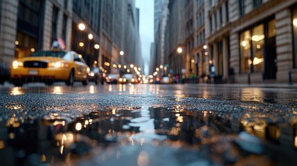 Rain-soaked City Street at Night.