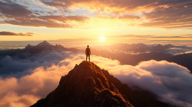 A person standing on mountaintop at dawn, surrounded by clouds and mountains, captures moment of tranquility and awe. vibrant sunrise paints sky with warm colors, creating breathtaking view