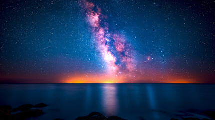 Panorama view universe space shot of Milky Way galaxy with stars at night landscape sea or ocean...