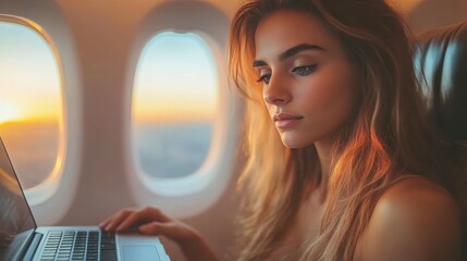 Woman Working on Laptop During Airplane Flight, Surrounded by Sunset Light from Window
