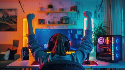 Girl gaming with computer in room with neon lights and streaming online