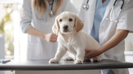 A veterinarian is demonstrating pet care techniques to pet owner with cute puppy in clinic setting. atmosphere is warm and informative, showcasing bond between pets and their caregivers
