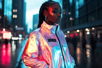 Fototapeta premium Cyber Chic: Futuristic Street Style with Young Model in Reflective Oversized Jacket and Smart Accessories, Embracing Fashion and Technology Trends for 2024