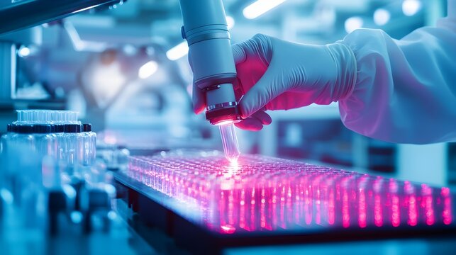 Technicians in a high-tech lab, using robotic arms for stress testing beryllium copper samples, holographic display tracking the test in real-time, industrial setting, vibrant neon highlights