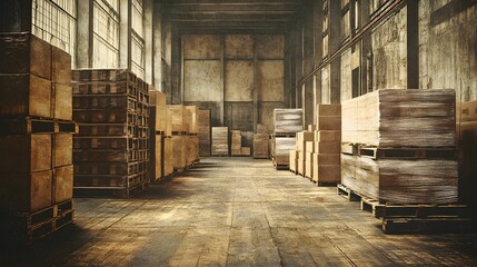 Vintage-style warehouse scene, wooden pallet, cartons stacked and shrink-wrapped, sepia-toned, textured illustration, nostalgic, detailed background elements
