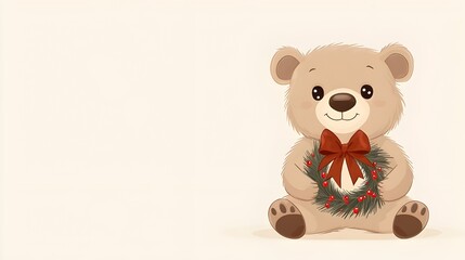 Obraz premium Cute Teddy Bear Holding Christmas Wreath.