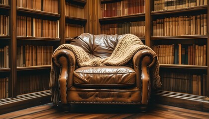 Cozy Vintage Library Nook with Leather Armchair and Knitted Blanket Ideal for Relaxed Reading on a...