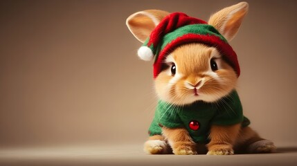 Fototapeta premium Adorable Bunny Dressed in Festive Christmas Elf Costume.