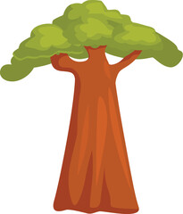 Cartoon baobab tree with green foliage growing in the wild nature of africa