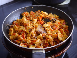 Orek Tempe and tofu on the pan.
Sweet and spicy. Traditional Indonesian food.