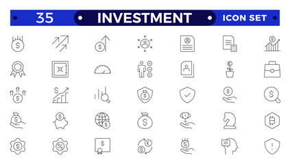 Set of  Outline icons related to investment, investor, risk management, economy, financial gain, money, coins symbols. Outline icon collection.